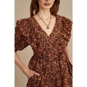 Christy Lynn Stephanie Wrap Top Brown Linen Ruffled Tie Belt Short Sleeve Sz M